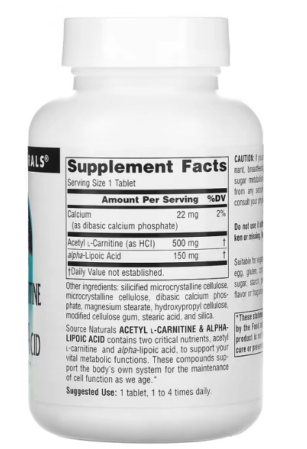 Acetil L-Carnitina e Ácido Alfa-Lipoico, 60 Comprimidos, Source Naturals