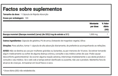 Bacopa Monnieri 1000mg, 180 Cápsulas, Pipingrock