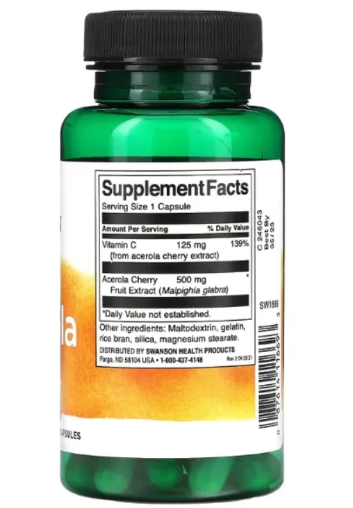 Acerola 500mg, 60 Cápsulas, Swanson