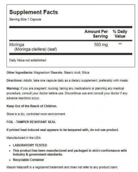 Moringa 500mg, 60 Cápsulas, Mason Natural