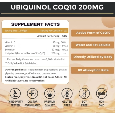 Ubiquinol CoQ10, Poderoso Antioxidante 4 em 1, mg opçoes, 120 Softgels, Zebora