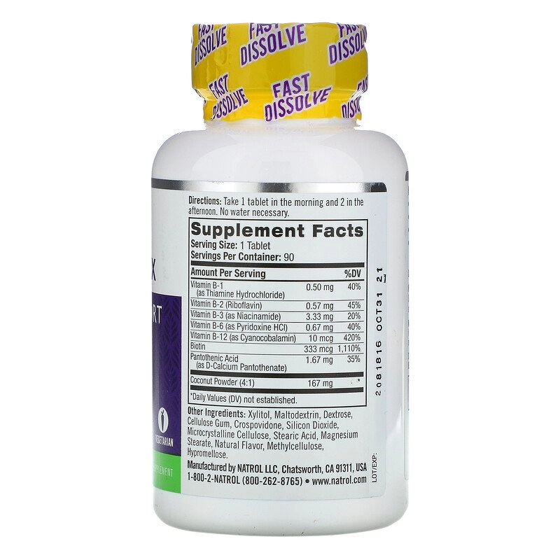 Complexo B, dissolução rápida, sabor natural de coco, 90 comprimidos, Natrol