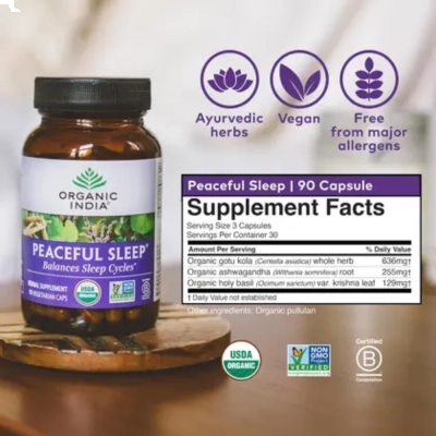 Peaceful Sleep, Auxilia no Sono, Relaxamento e Bem-Estar Noturno, 90 Cápsulas, Organic India