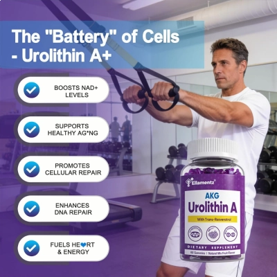 AKG, Urolithin A, Whit Trans - Resveratrol, Natural Mix Fruit Flavor, 60 Gummies, Ellamentz