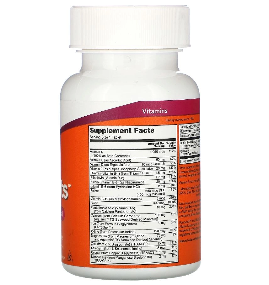 Multivitamínico Vitaminas e Minerais Diários, 100 Comprimidos, Now