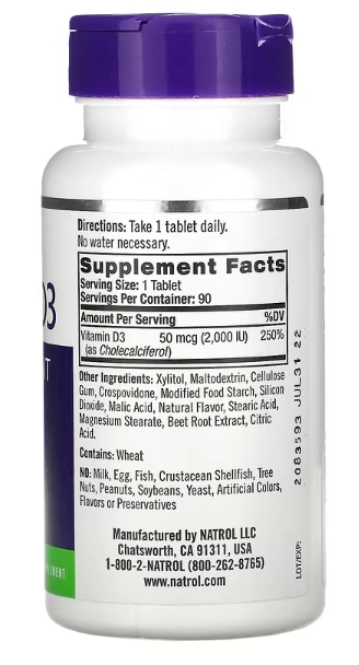 Vitamina D3, Saúde dos Ossos e das Articulações, 2.000UI, 90 Comprimidos Sabor Morango, Natrol