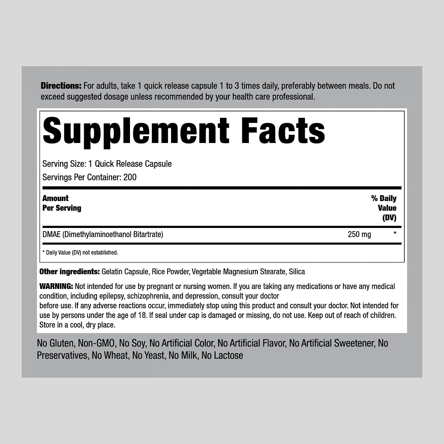DMAE, Dimetilaminoetanol, 250mg, 200 Cápsulas, PipingRock