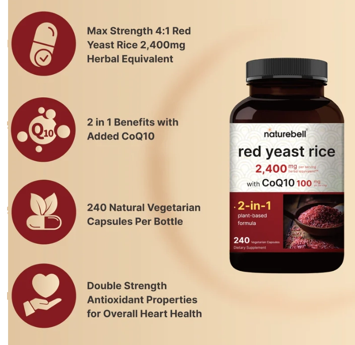 Red Yeast Rice, Arroz Vermelho Levedura 2.400mg, com CoQ10, 240 Cápsulas, Naturebell