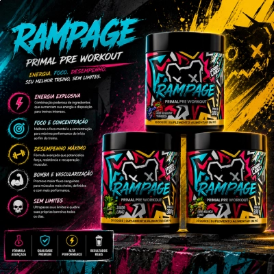 Primal Pré-Workout, Foco Total, Energia e Pump para Treinos Intensos, 300g,Opções, Rampage, Under Labz