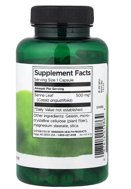 Folha de Senna 500mg, 100 Cápsulas, Swanson
