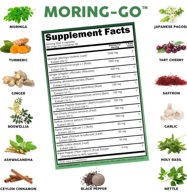 Moringa Com Cúrcuma, Folha de Moringa, Canela do Ceilão, Ashwagandha, Gengibre, Cereja, Boswellia, 120 Cápsulas, Clean N