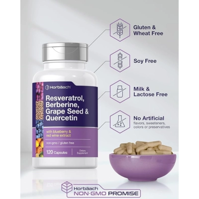Resveratrol, Berberine, Grape Seed &amp; Quercetin, 600Mg, 120 Cápsulas, Horbaach