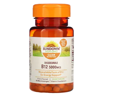 Vitamina B12, 5000mcg, 90 comprimidos sabor cereja, Sundown