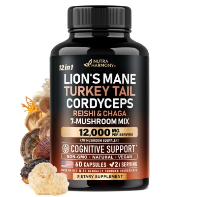 Lions Mane, Turkey Tail, Cordyceps + (Mix de 7 Cogumelos), 12,000mg, 60 Cápsulas, Nutra Harmony