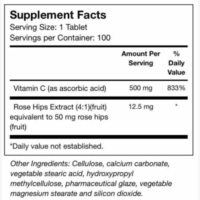 Vitamina C com Escaramujo,500mg, 100 Comprimidos, Vitacost