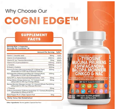 Cogni Edge, Gujisa L Tirosina 1000mg, Com Mucuna Prurien, Bacopa, Ashwagandha e NAC, 90 Cápsulas, Clean Nutraceuticals
