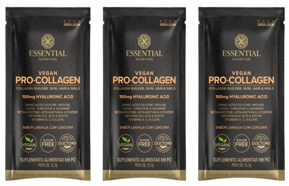 Pro-Collagen Vegan, 3 Saches 12,3g Cada, Sabor Laranja com Cenoura, Essential Nutrition