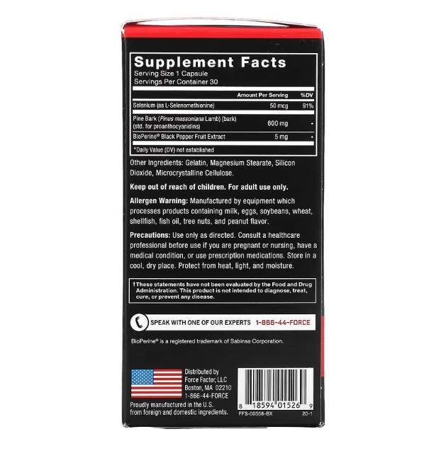 Casca de Pinheiro, Pine Bark, 600 mg, 30 Cápsulas, Force Factor