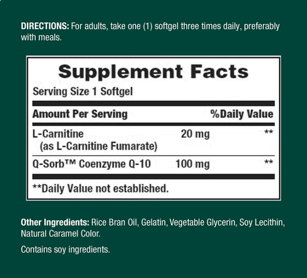 Coenzima Q10 com L-Carnitina, 100mg, 60 Cápsulas, Nature's Bounty