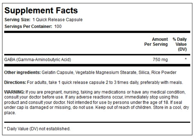 Gaba, 750mg, 100 Cápsulas, PipingRock