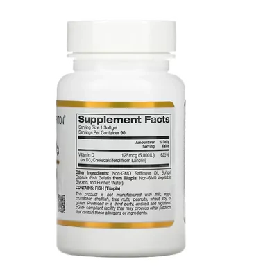 Vitamina D3, 125 mcg (5.000 UI),  90 capsulas, California Gold
