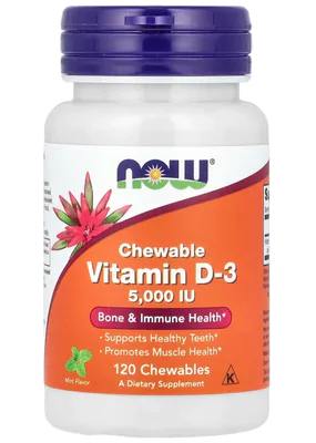 Vitamina D-3 5000UI, 120 comprimidos mastigáveis Sabor Menta, Now