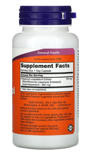 Resveratrol Potência Extra, 350 mg, 60 Cápsulas, Now