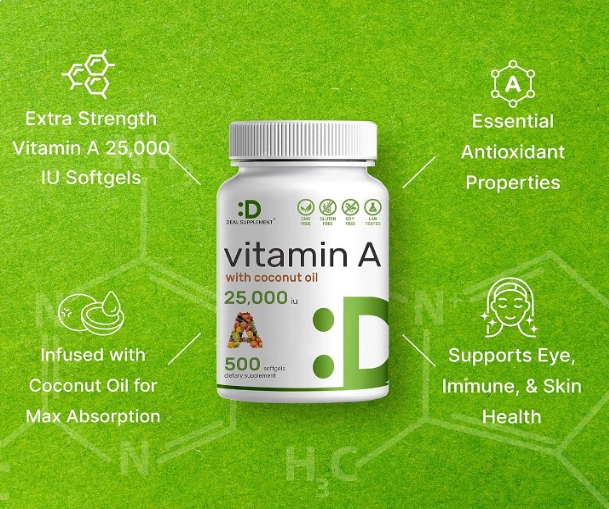 Vitamina A 25.000UI Alta Potência com Máxima Absorção, 500 Cápsulas, Deal Suplement