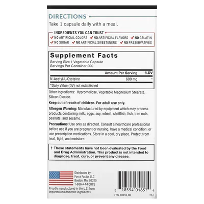 NAC, Acetilcisteína, 600mg, 200 Cápsulas, Force Factor