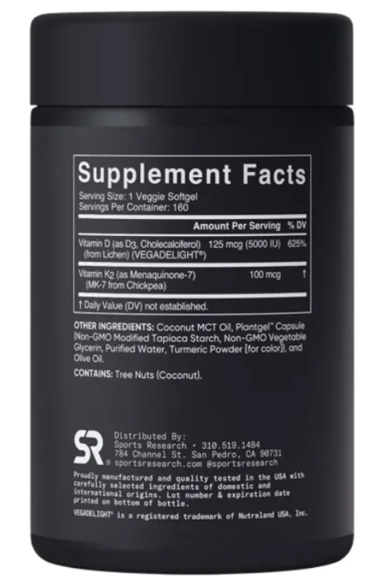 Vitamina D3 5000IU  + K-2 MK-7 100mg,  160 Cápsulas, Sports Research