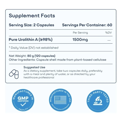 Urolitina A, 1500mg, Energia Celular e Saúde Mitocondrial, 120 Cápsulas, GreenLab