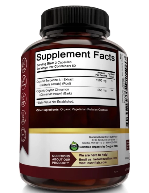 Berberina Orgânica com Canela do Ceilão 1450mg,  120 Cápsulas,  NutriFlair