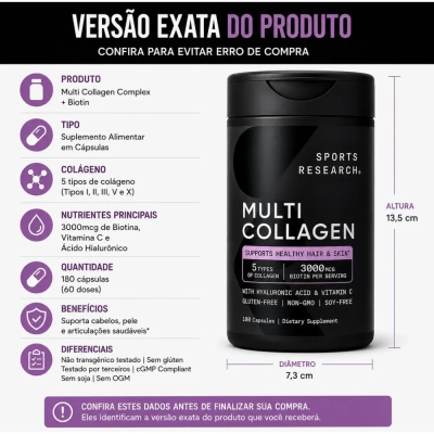 Multi Collagen Peptides,5 Tipos de Colágeno, 3000mg, 180 Cápsulas, Sports Research