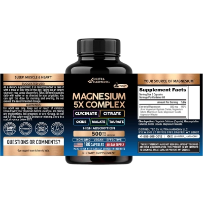 Complexo de Magnésio 5 em 1, 500 mg, 180 Cápsulas, Nutra Harmony 