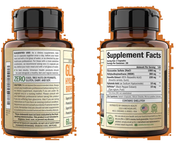 Glucosamina, ácido hialurônico, bioperina e condroitina msm, 60 Cápsulas, Vimerson Health