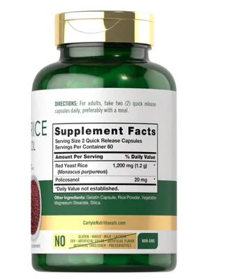 Levedura de Arroz Vermelho, Red Yeast Rice, com Policosanol, 1220mg, 120 Cápsulas, Carlyle