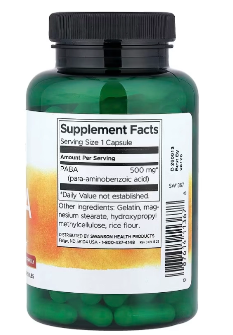 PABA 500mg, 120 Cápsulas, Swanson 