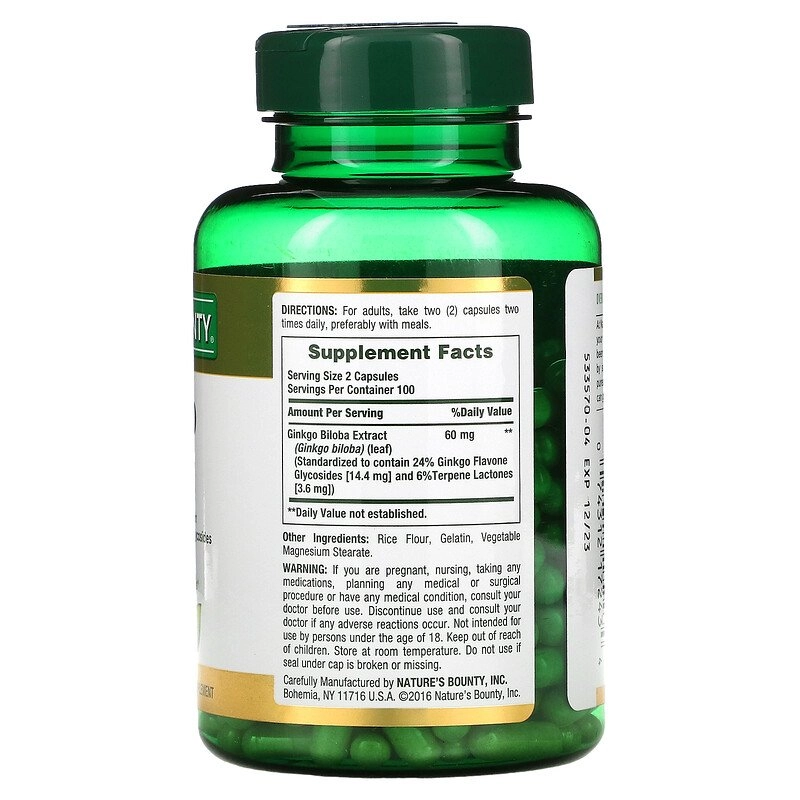 Ginkgo Biloba, 60mg, 200 Cápsulas, Natures Bounty