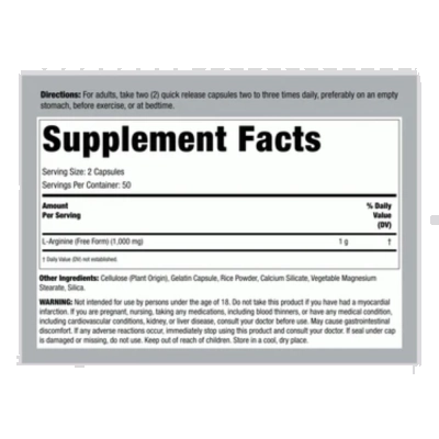 L-Arginine, 500mg, Nitric Oxide, 100 Cápsulas, Fitness Labs