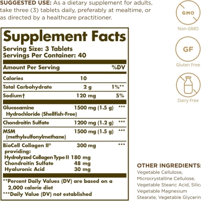 Glucosamina, Condroitina, MSM, Colágeno Tipo II, Ácido Hialurônico, 120 Tablets, Saúde das Articulações, Solgar