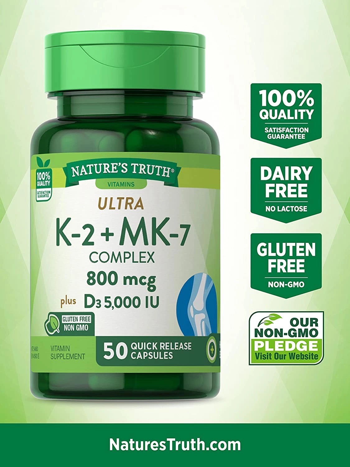 Complexo de Vitamina K2 e MK7 + D3, 800mcg, 50 Cápsulas, Nature's Truth