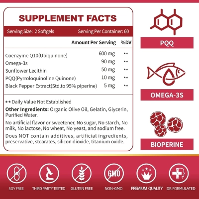 Suplemento de CoQ10 600mg, Energia e Saúde do Coração, 120 Softgels, Zebora