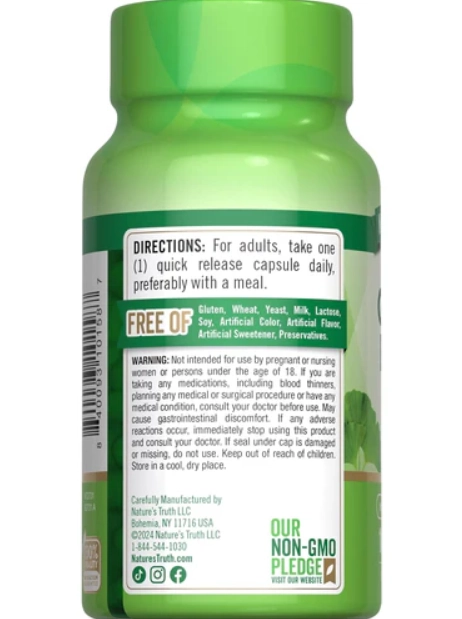 Extrato de Ginkgo Biloba 120mg, Com Bacopa, 100 cápsulas, Nature's Truth
