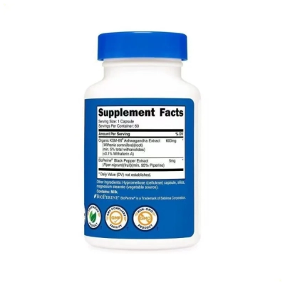 Ashwagandha KSM-66 600mg, Estresse, Energia e Performance no Dia a Dia, 60 Cápsulas, Nutricost