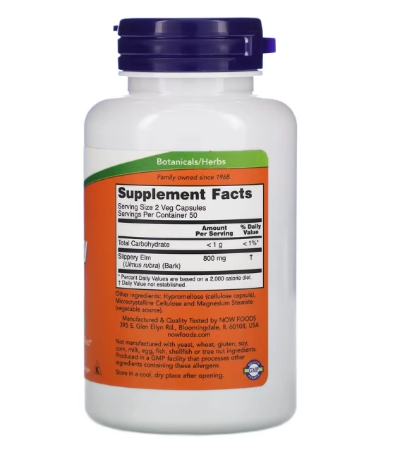 Slippery Elm, 400mg, 100 Cápsulas, Now
