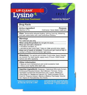 Lip Clear Lysine+, tratamento para herpes labial, 7g, Quantum Health