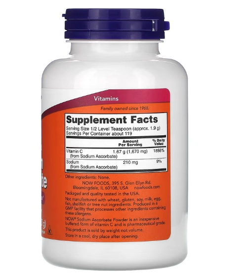 Sodium Ascorbate Powder,  Ascorbato de Sódio, 227g, Now