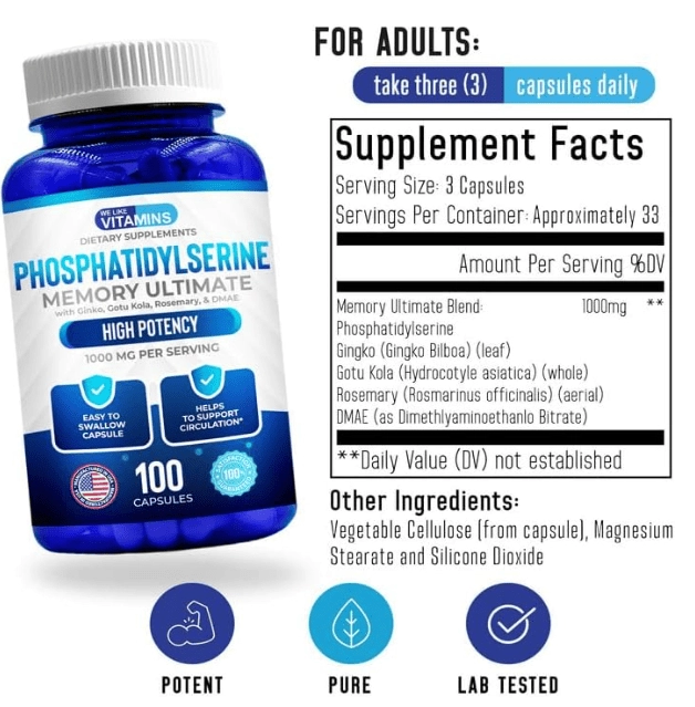 Fosfatidilserina 1000mg com Gingko Biloba, Gotu Kola e DMAE, 100 Cápsulas, We Like Vitamins