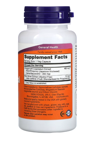 Resveratrol Natural, 200mg, 60 Cápsulas, Now