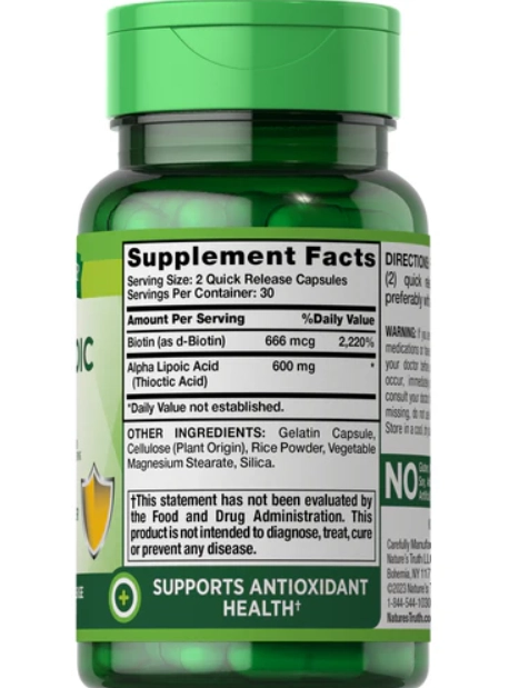 Ácido Alfa Lipoico 600mg com Biotina, 60 cápsulas, Nature's Truth